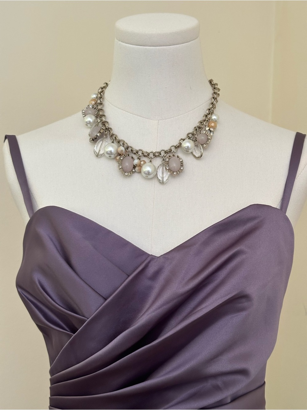 WHBM Vintage Silver Chunky Charm Necklace with Pale Pink Cabochon and Clear Bead
